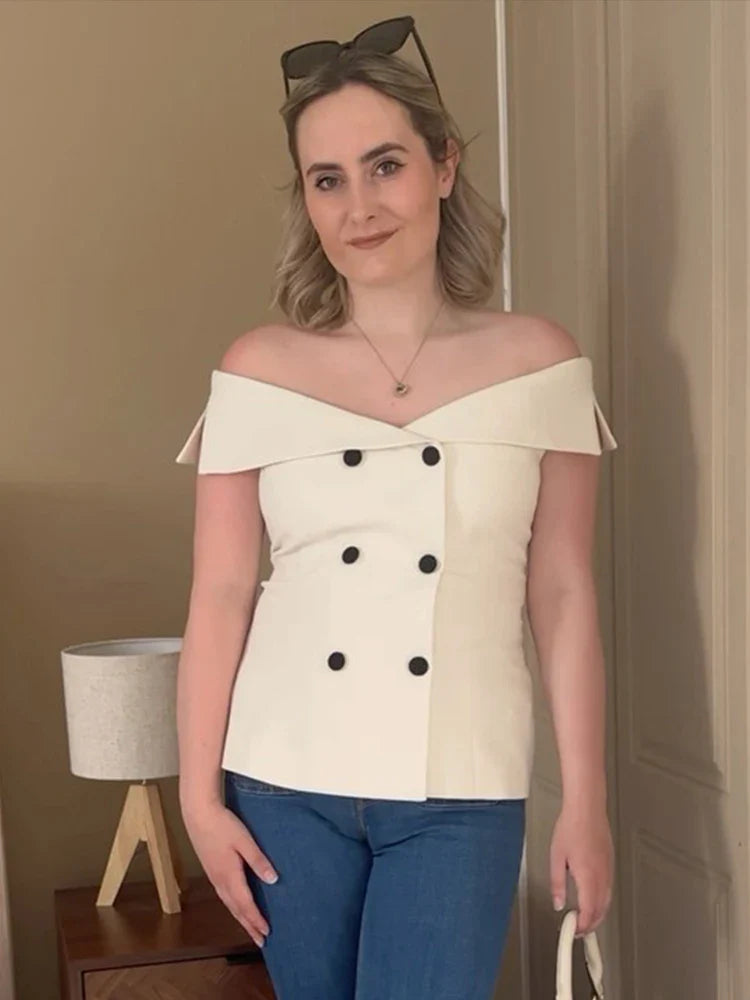 MQTIME - Elegant Off Shoulder Vest Women Chic Sleeveless Double Breasted Y2k Slim Female Waistcoat 2024 Summer Fashion Lady Streetwear