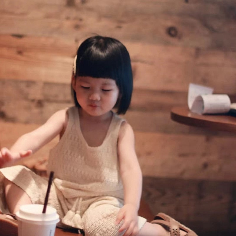 nvxiot Summer Baby Clothes Fashion Hollow Lace Design Knit Sleeveless Pullovers Top Vest Tassel Elastic Wide Leg Pants Kids Clothing