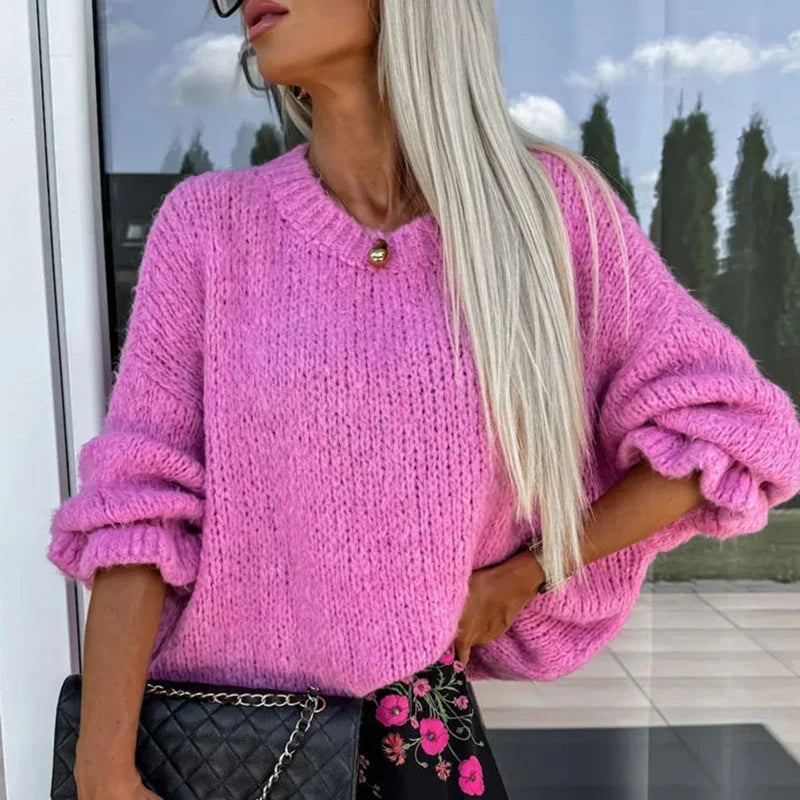 MQTIME - Autumn Casual Loose Commuting Sweater Elegant Women High Street Sweater New Vintage Solid Color O-neck Long Sleeved Knitted Top