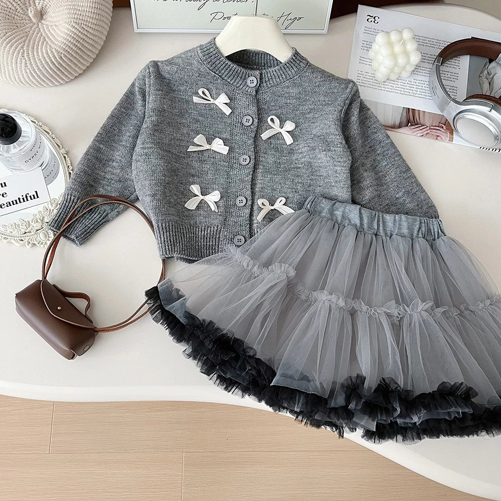 MQTIME - 2-7Y Girls' Sweater Set 2024 New Autumn Children's Knitted Cardigan Coat Tulle Skirts 2 Pcs Kid's Outfit