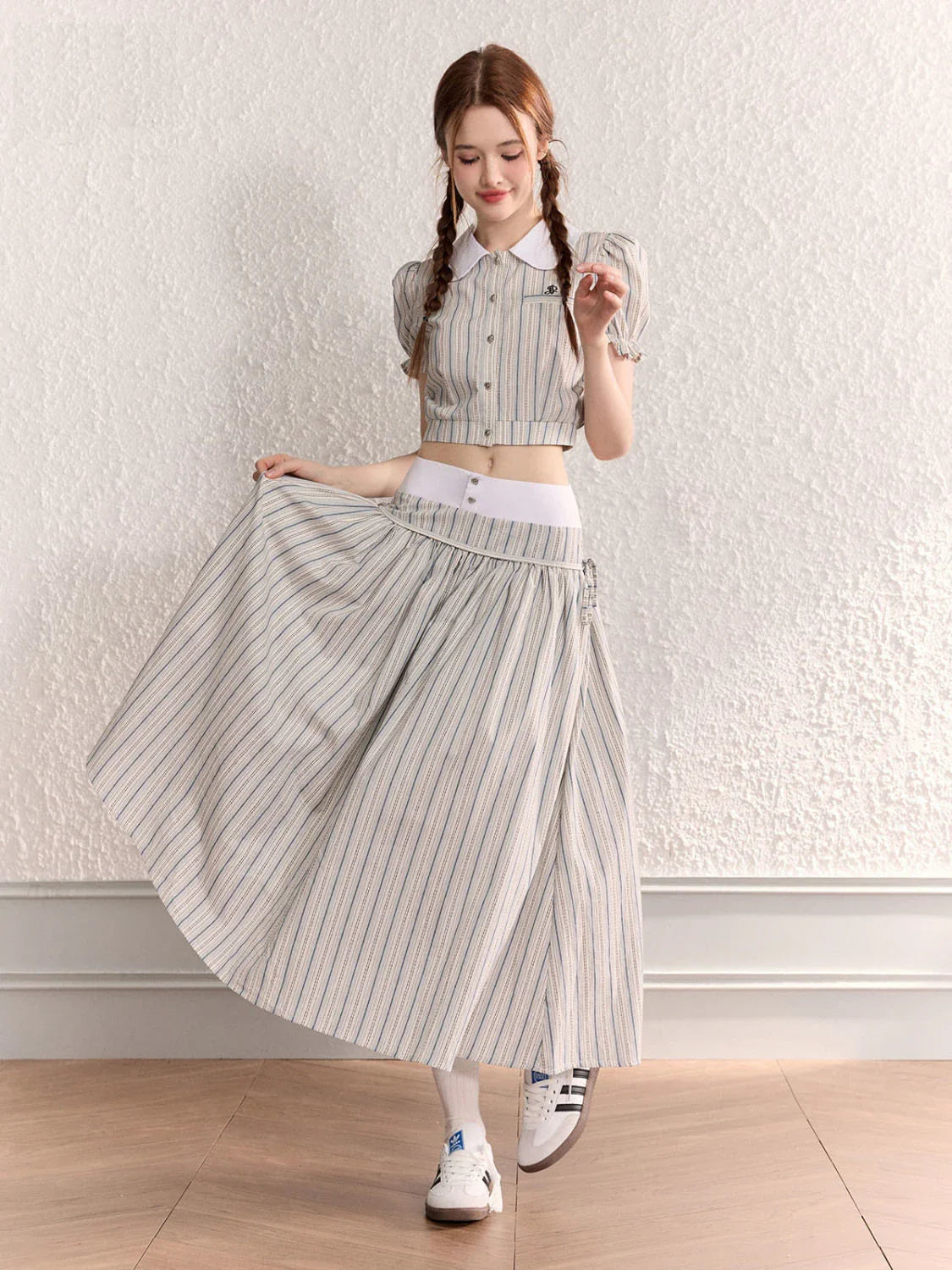 MQTIME - Stripe Turn-down Collar Blouse Preppy Style High Waisted Lace Up Long Skirts Korean Fashion 2 Piece Sets Womens Outfits