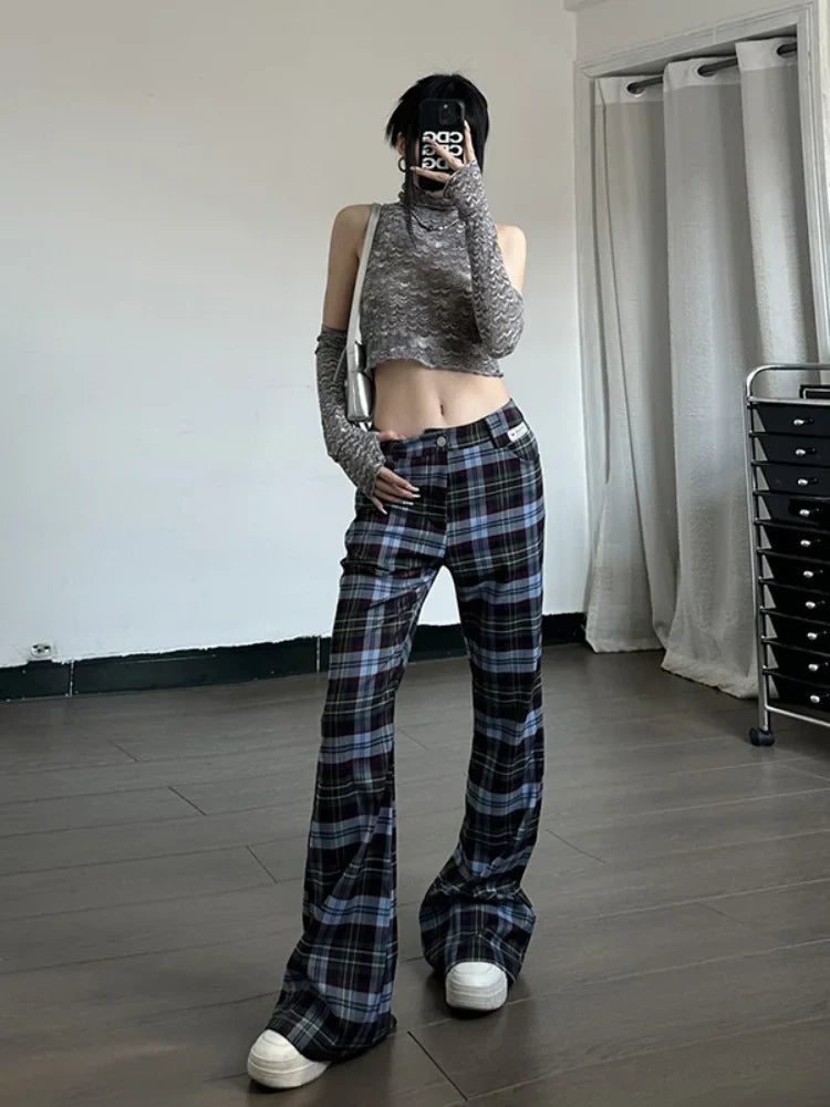 nvxiot - Y2k Flare Pants Women Gyaru Plaid Print Slim Fit Casual Straight Leg Pants Summer Clothes for Women Fashion Trousers