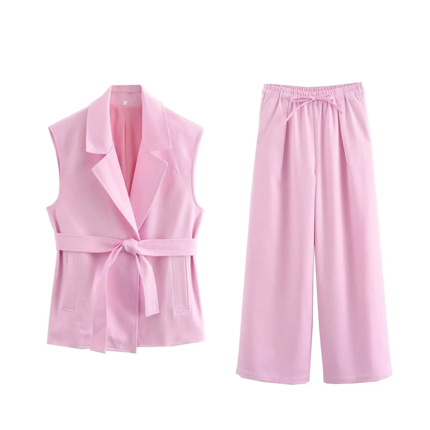 MQTIME - Elegant Women Vest Suit Lapel Sleeveless Vests Pocket Belt Slim Casual Coat+Vintage Drawstring Folds Slim Long Pant