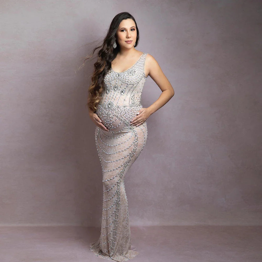 nvxiot - Sexy see-through Stretch Maternity Dress Photography Gown Shiny Goddess Rhinestones Pearls Luxurious Dress For Photo Shoot Props