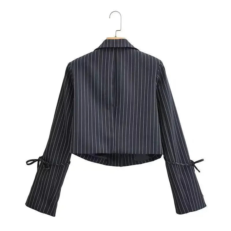 MQTIME - Fashion Ladies Long Sleeve Striped Double Button Elegant Office Ladies Cutaway Fashion Crop Top Women's Ulzzang All-match