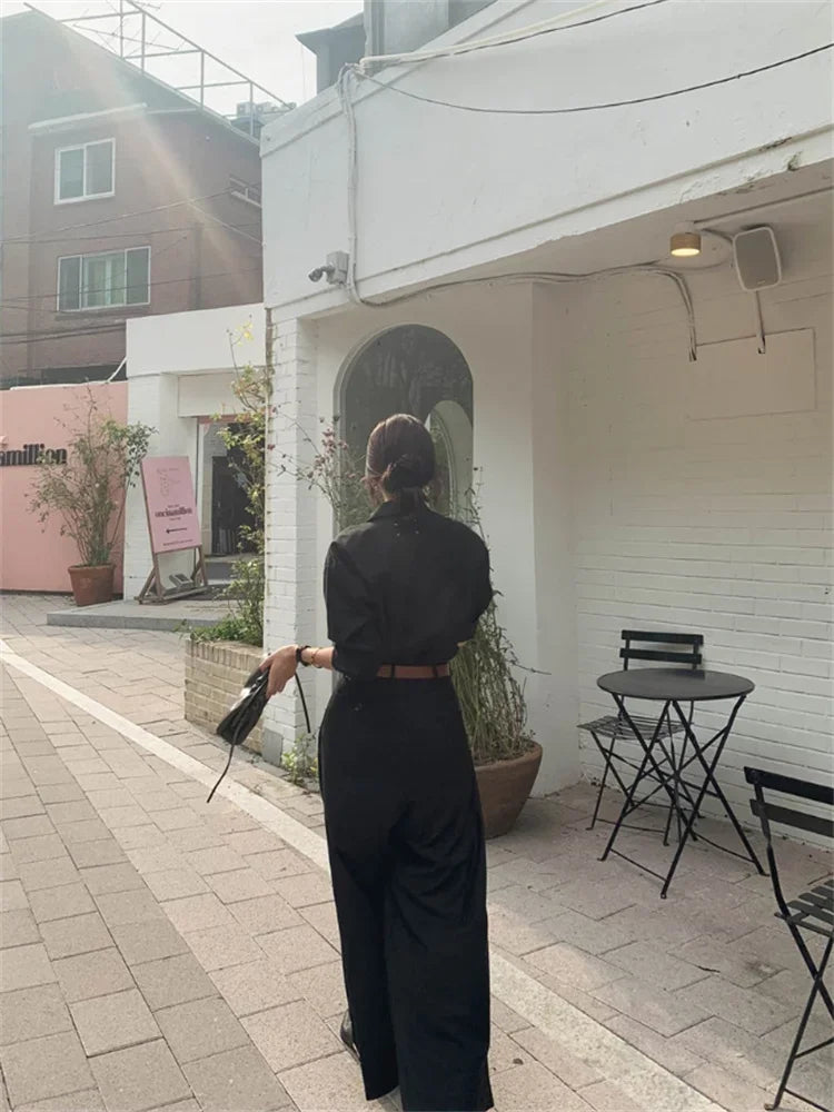 nvxiot - Korean Style Women Pleated Draped Trousers Chic High Waisted Loose Wide Leg Pants Office Ladies Solid Color Long Casual Pants