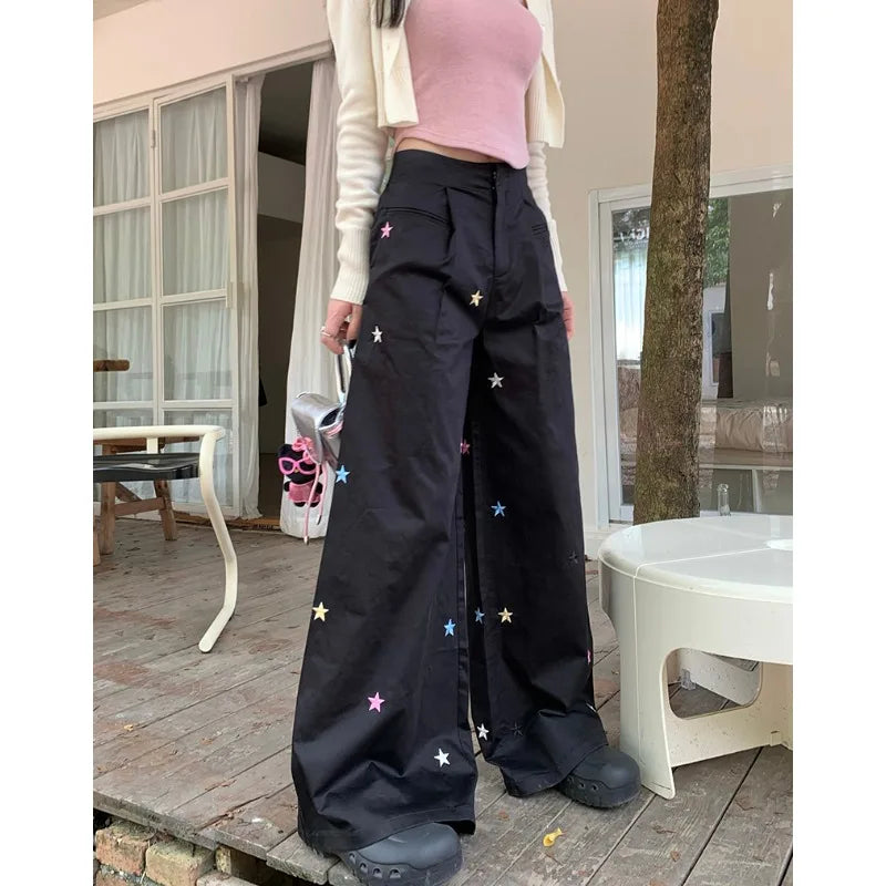 nvxiot Vintage Star Embroidery Casual Y2K Black Cargo Pants Women Autumn New High Waist Drawstring Loose All Match Wide Leg Pants
