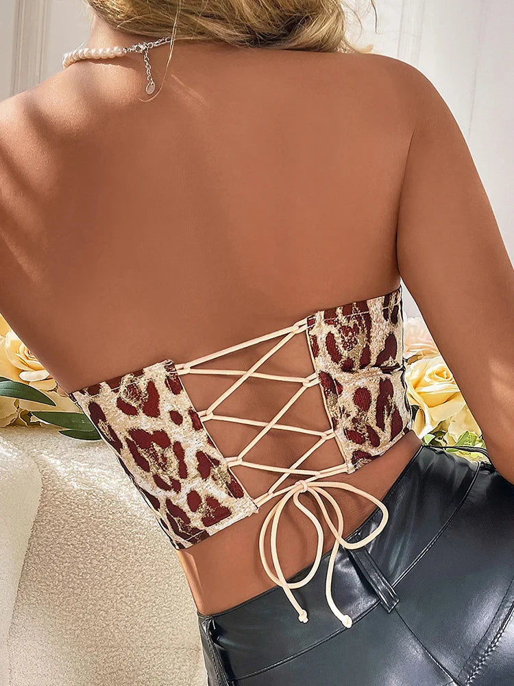 MQTIME - 2024 Women Summer Sexy Backless Tube Tees Leopard Strapless Camis Bodycon Spring Tank Crop Tops Slim Fit For Women