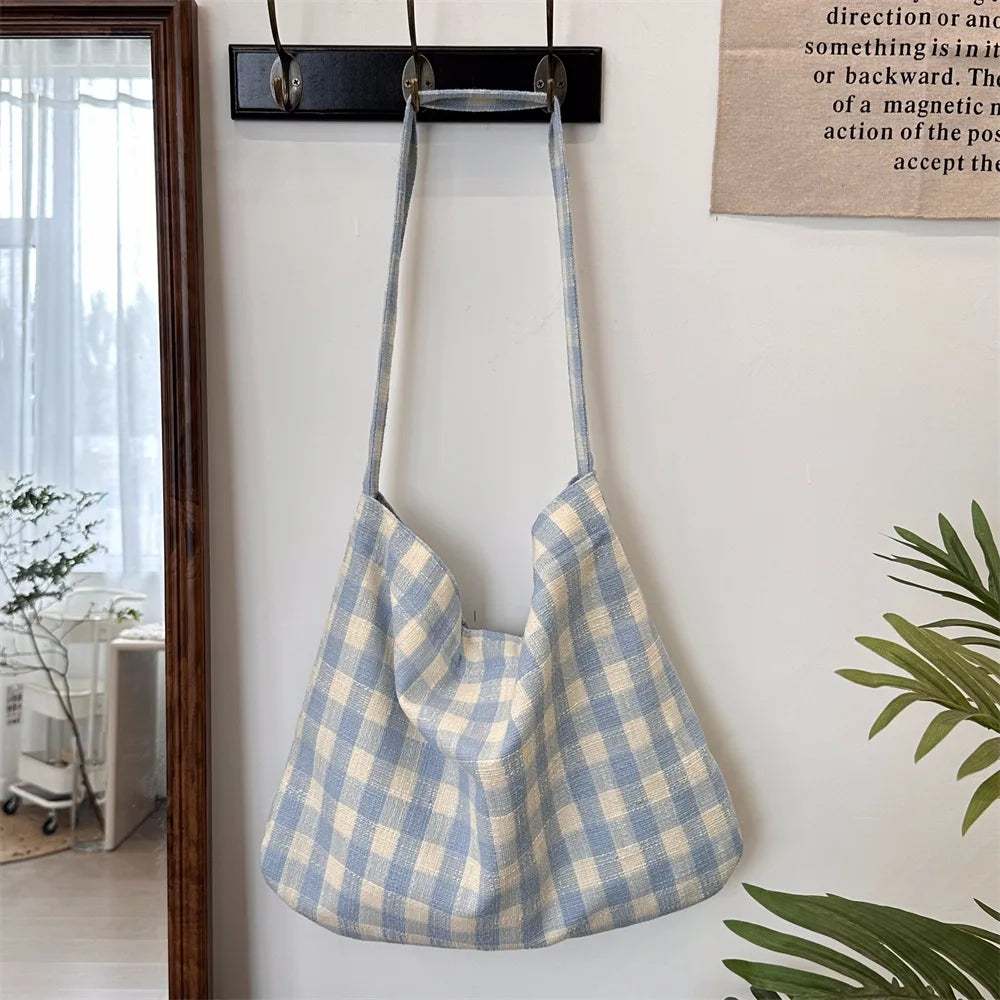 nvxiot - Retro Plaid Women's Canvas Shoulder Bag Casual College Girls Book Tote Travel Messenger Bags Female Eco Shopping Bag Handbags