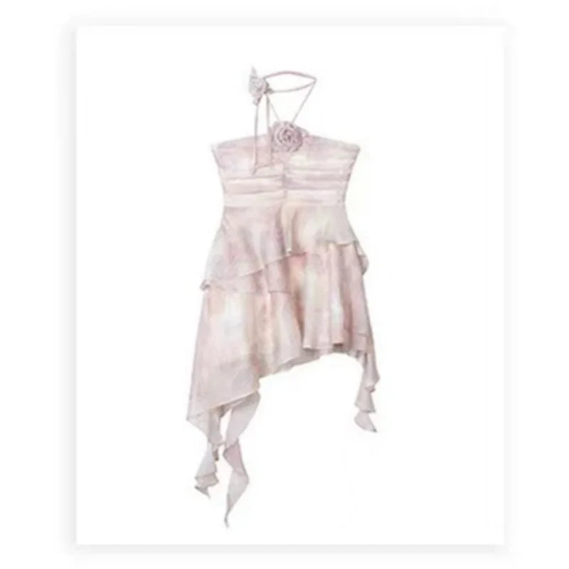nvxiot Summer Pink Dresses for Women Backless Chic Sling Ruffled Temperament Sexy Fashion Suspender Simple Y2K Elegant New Dresses