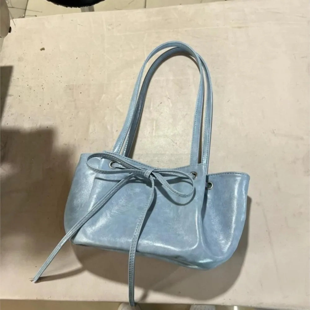 nvxiot - Harajuku Bow Blue Underarm Bags Women Hot Girls Leather Chic Casual Y2k Handbag Female Retro Cute Mini Bucket Bag 2024