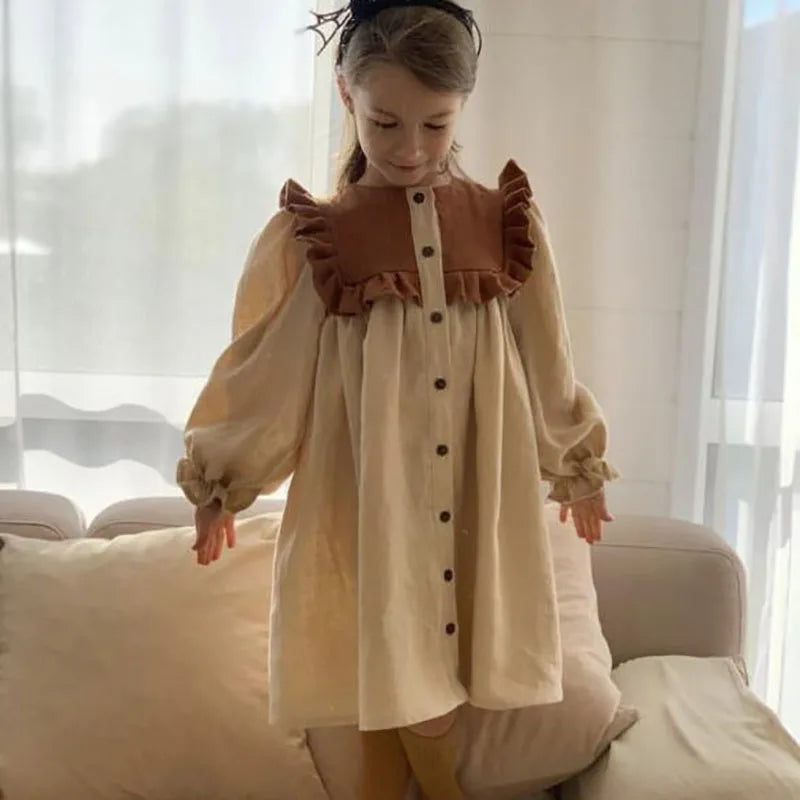 MQTIME - Spring Girls Dress Ruffle Sleeve Kids Dress for Girl Long Sleeve Linen Clothes