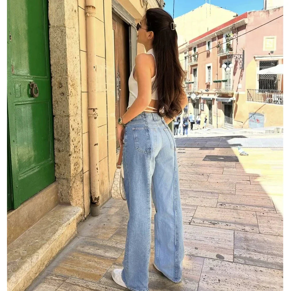 MQTIME - Women's 2024 Summer New Fashion Trendy High Street High Waist Contrast Color Splicing Straight Leg Jeans 5862/072