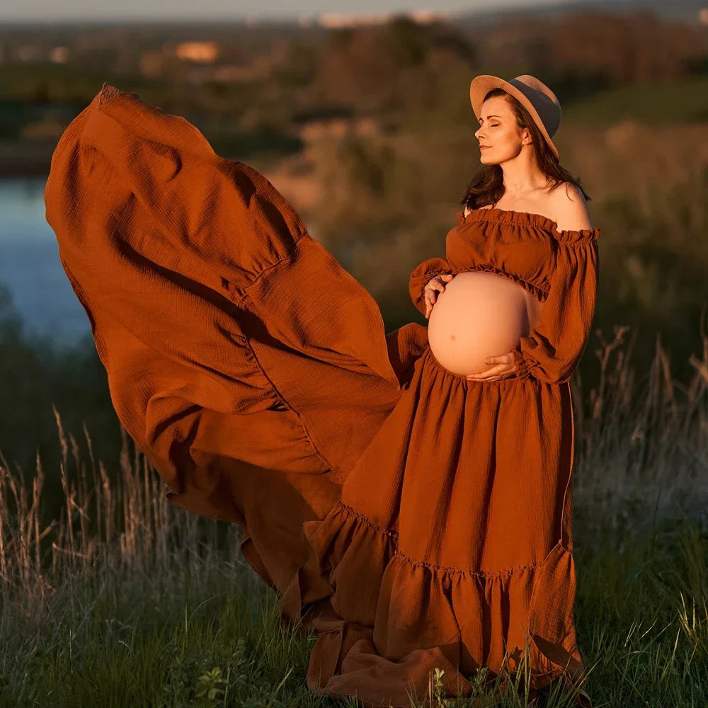 nvxiot - Retro Bohemian Pregnancy Dress Photo Shooting Comfortable Maternity Wear Linen Cotton sexy Off Shoulder Top Large Skirt Hem