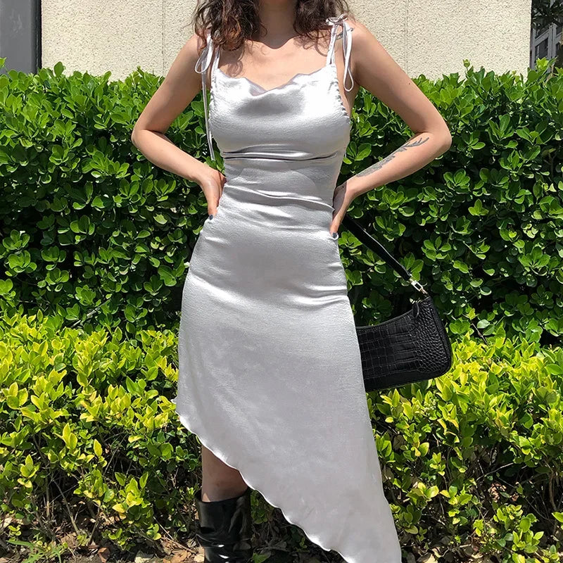 nvxiot - Summer Fashion Women's New Solid Color Sexy Self-cultivation Halter Square Sling Irregular Dress Neck Bag Arm Hollow Strap