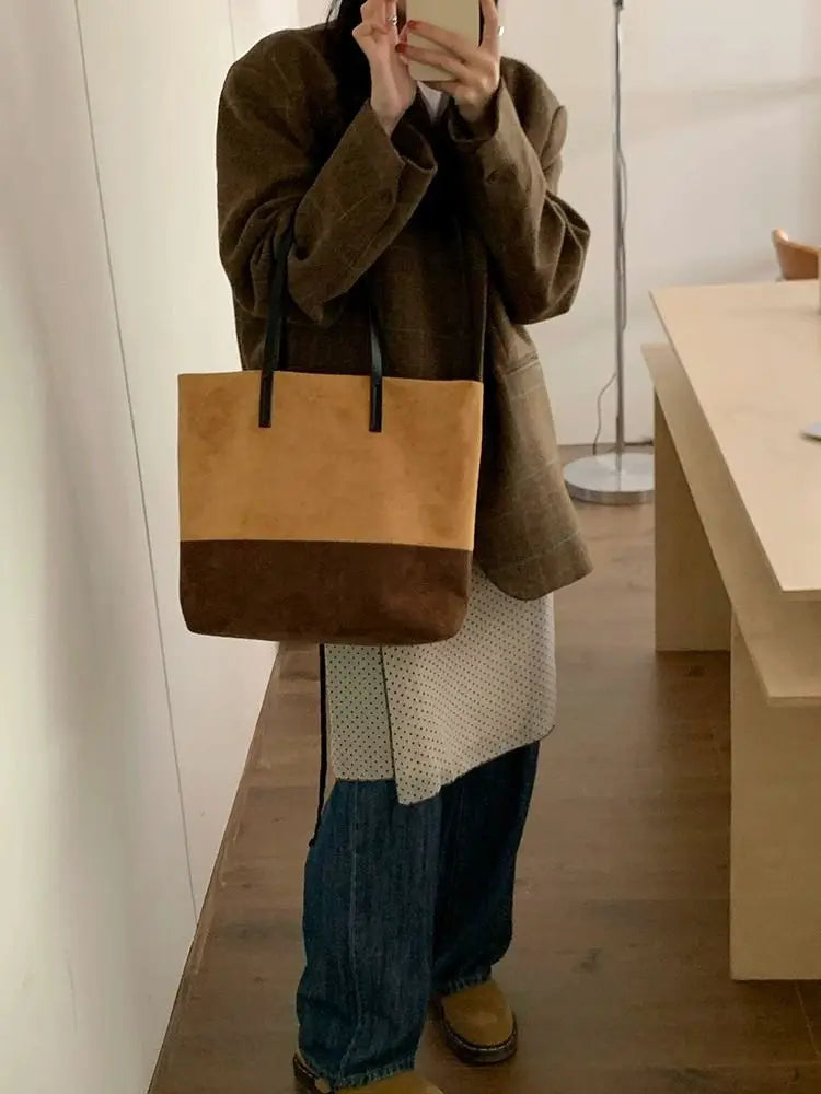 MQTIME - Vintage Brown Large Capacity Tote Bag Women Retro High Street Suede Patchwork Handbag Ladies Harajuku Shoulder Bags Chic