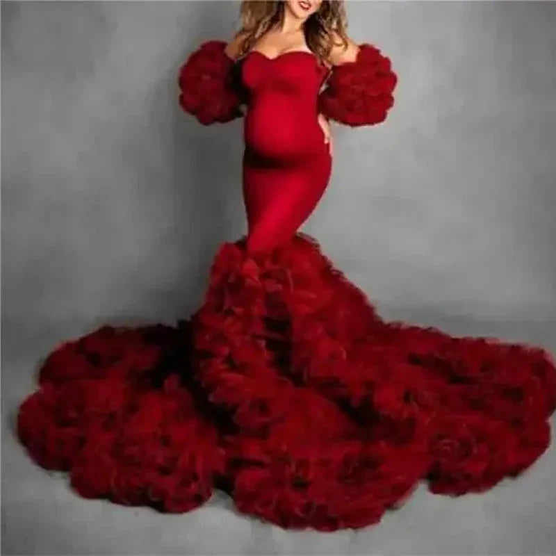 nvxiot - Real Image Floral Ruffled Bridal Maternity Dress Sexy Slit Elastic Maternity Dresses Photoshoot Baby Shower Baby Shower