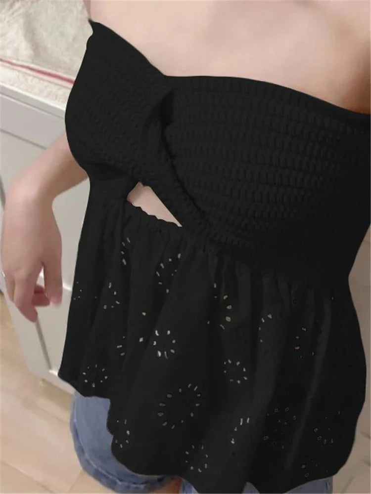MQTIME - White Tube Top Knit Twist Crop Top Women Elegant Lace Mesh Strapless Corset Top Korean Sexy Streetwear Cute Chiffon Blouse