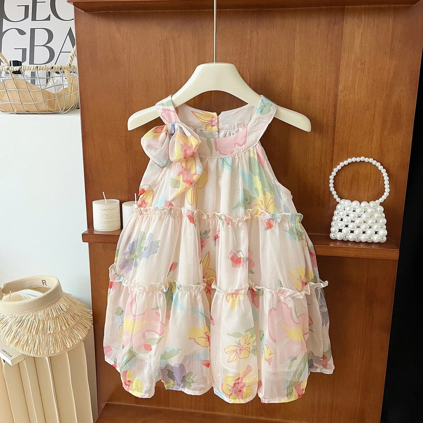 MQTIME - Summer Korean Children Girl Vestidos Cotton Sleeveless Floral Printed Baby Girls Dress Straps Tulle Toddler Girls Princess Dress