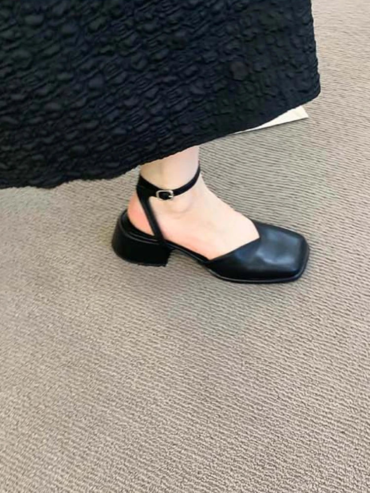 MQTIME - Summer Hollow Out Pure Color Sandals Woman Non Slip Casual Elegant Shoes Beach Korean Style Buckle Medium Heels Shoes Slim