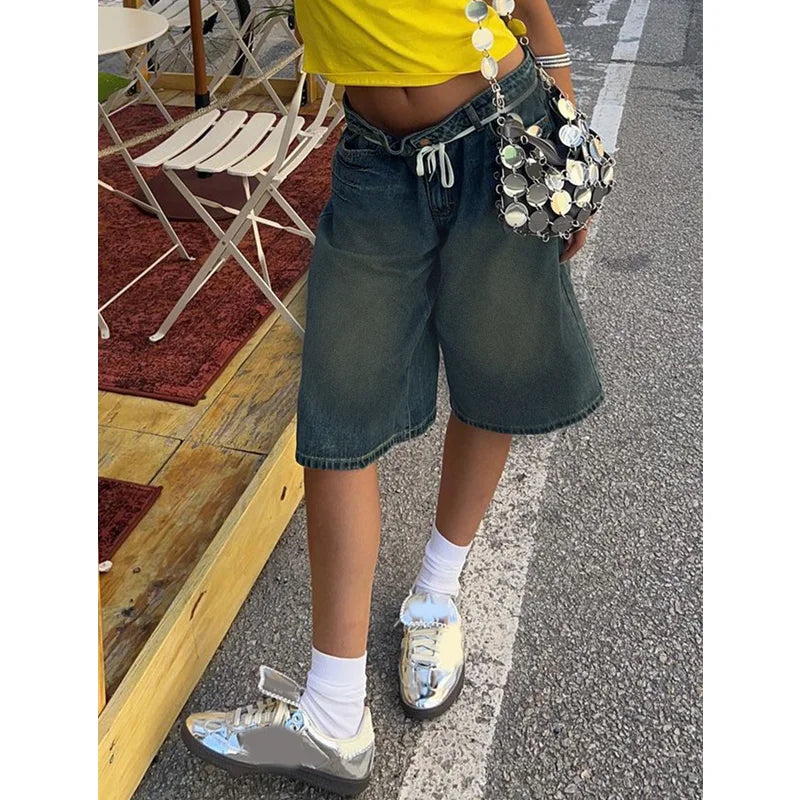 MQTIME - 2024 Women's Short Summer Blue High Waist Jeans Y2K Straight Knee Length Casual Pants Streetwear Vintage Wide Leg Denim Shorts