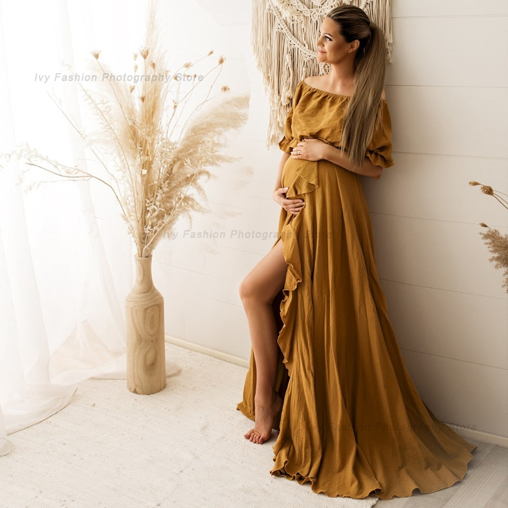 nvxiot Bohemian Pregnancy Dress Side Split Ruffle Edge Vintage Comfortable Linen Dress Comfortable Linen Boho Style Baby Shower Dress