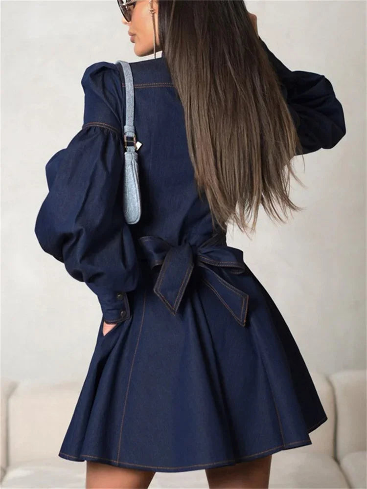 MQTIME - Fashion Lace-Up Denim Mini Dress For Women Patchwork High Waist Bandage Jean Streetwear Female Slim Casual Dress Autumn