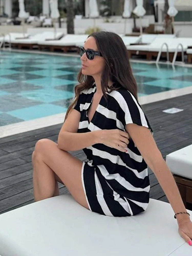 MQTIME - Casual Striped Women Short Suits V-neck Loose T-shirt Lace Up High Waist Mini Shorts 2024 Summer New Chic Female Two Pieces Sets