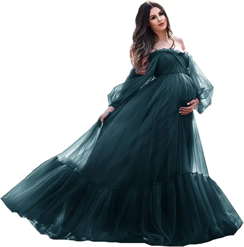 nvxiot - Puffy Sleeve Maternity Dress Tulle Robe With Underskirt for Photoshoot Off Shoulder Pregnancy Baby Shower Gown