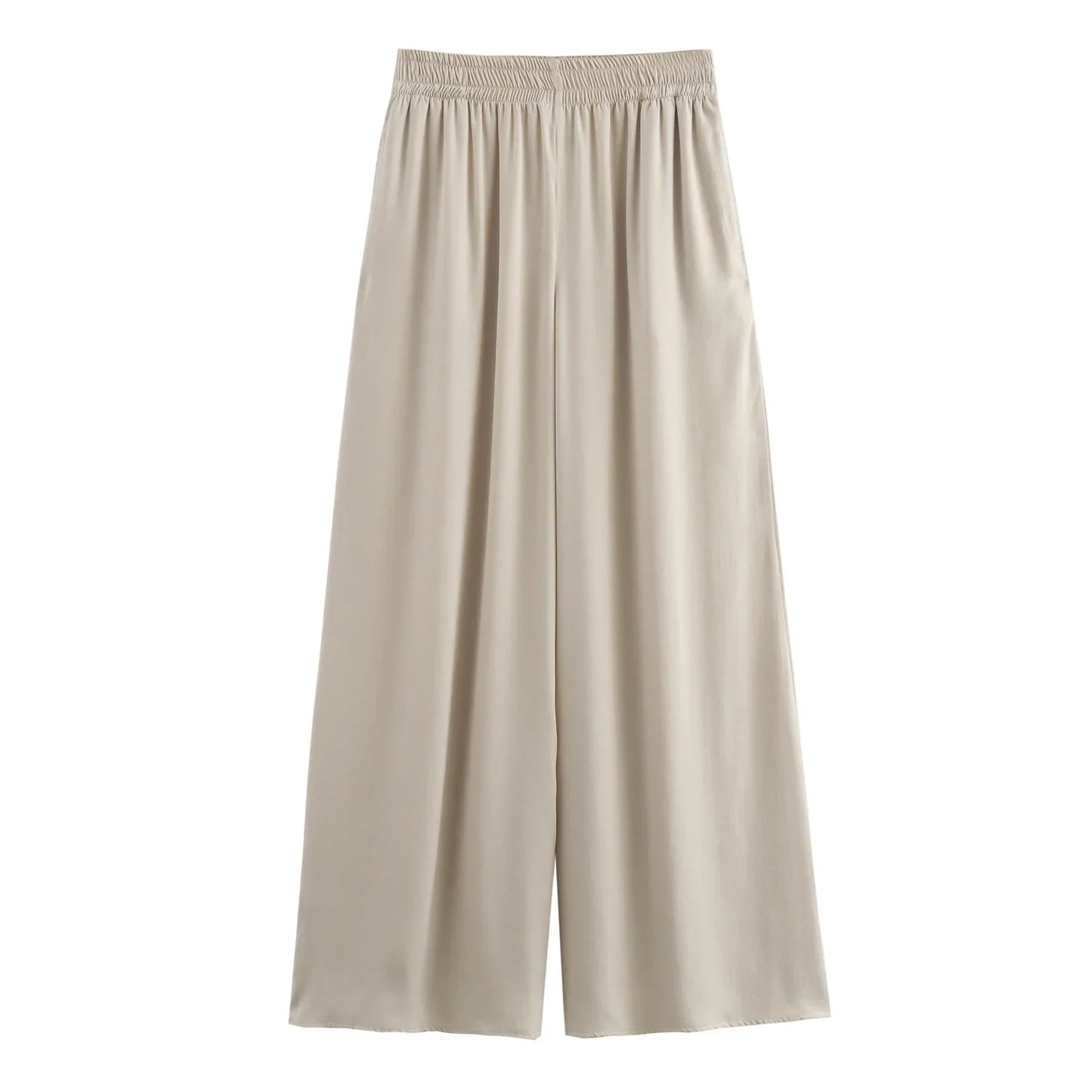 MQTIME - Summer Holiday Women Fashion Solid Elastic Waist Wide Leg Pants Female Casual Slim Side Pockets Folds Decorate Trousers