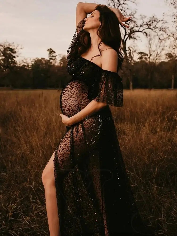 nvxiot - Women's Boho Dress Sequin Sheer Dress For The Maternity Session Maternity Photo Props Pregnancy Photography Babyshower Dress