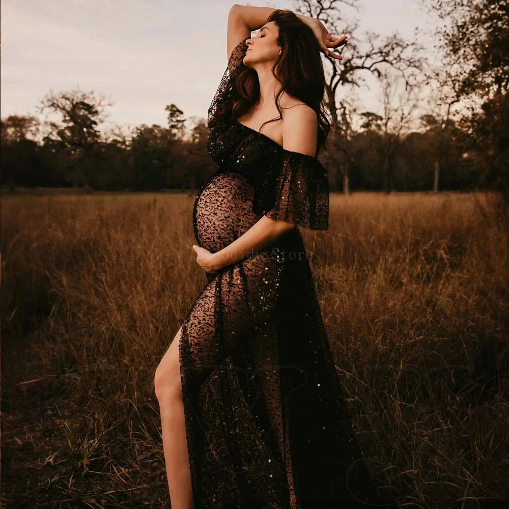 nvxiot - Women's Boho Dress Sequin Sheer Dress For The Maternity Session Maternity Photo Props Pregnancy Photography Babyshower Dress