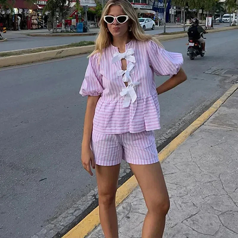 MQTIME - Casual Stripe Bow Lace Up Shirt Shorts Suit Women Short Sleeve Tops Elastic Waist Shorts Set Female 2024 Summer Vacation Outfits
