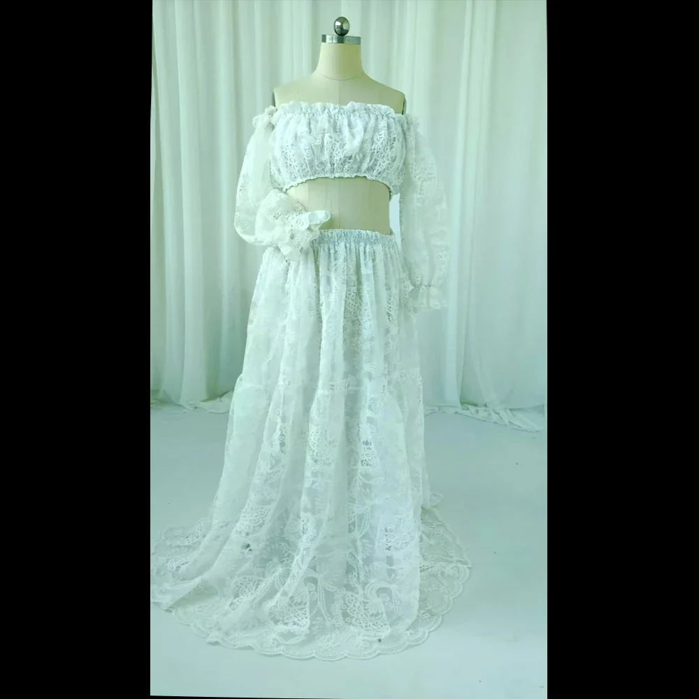 nvxiot - Fall Outfits 2024 Maternity Photography Dresses White Hollow Lace One Shoulder Long Sleeved Two-Piece Dress Bohemian Photography Dress For Women
