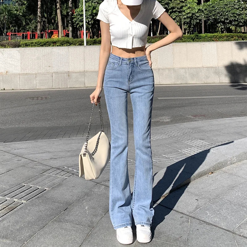 nvxiot High stretch denim flared pants women's spring and summer new slim-fit high-waisted straight jeans retro design sense pants