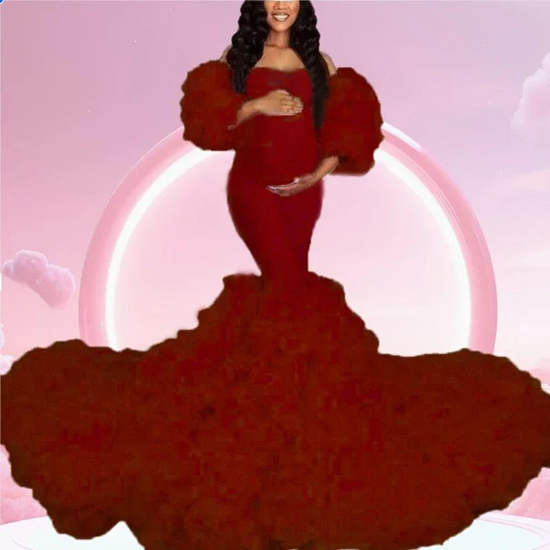 MQTIME - Hot Maternity Dresses Photoshoot Tulle Maxi Gown Baby Shower Ruffles