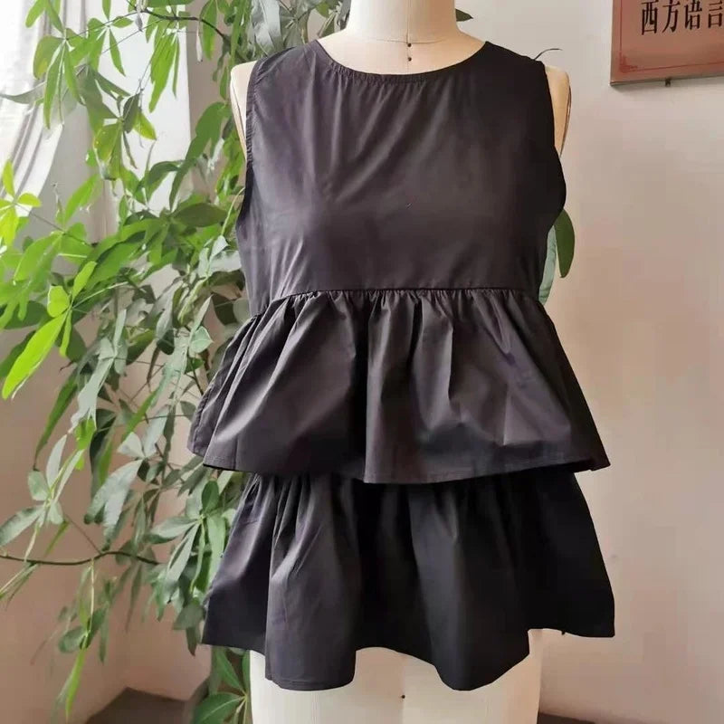 MQTIME - Black Sleeveless Women's New Fashion Summer Kawaii Round Neck T-shirt Top with Ruffled Cute Korean Loose Women's Vest Top