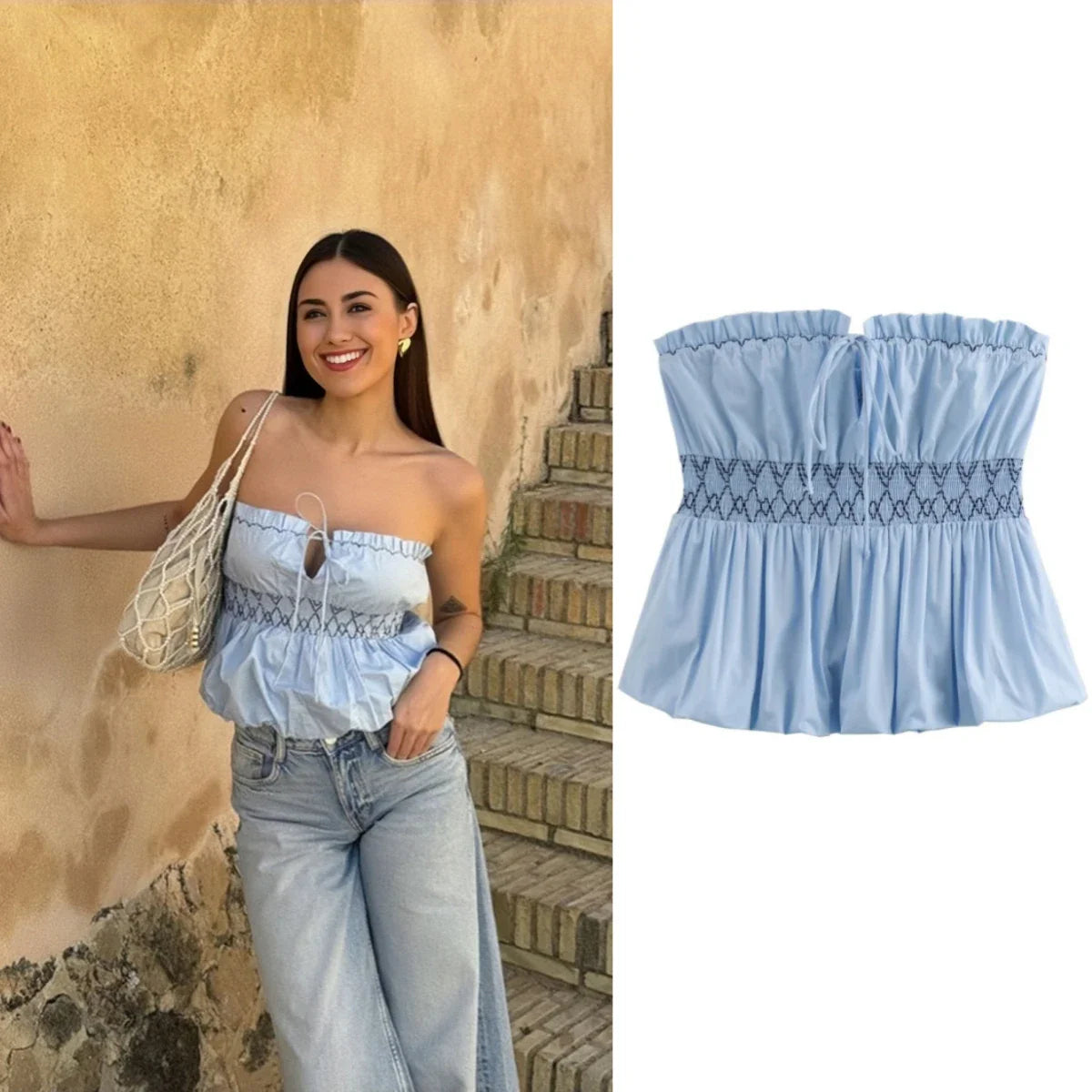 MQTIME - women's 2024 summer new solid color tube top bow off-shoulder sleeveless pleated top 1971/063