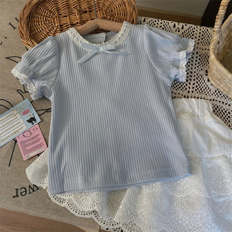 MQTIME - 2024 Summer 2-6Y Girl Clothes Set Cotton Ribbed Knotbow Ruffle Sleeve Kid Girl Top Suit Lace Elastic Waist Skirt Kid Girl Outfit