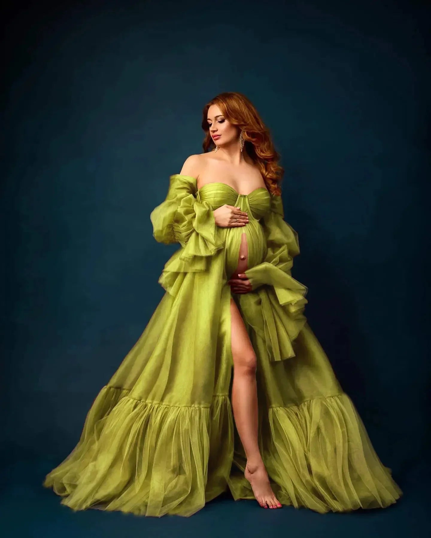 MQTIME - Green Maternity Gowns for Pregnancy Photo Shoot Long Sleeve Girls Photography Babyshower Dresses Bathrobe Wear