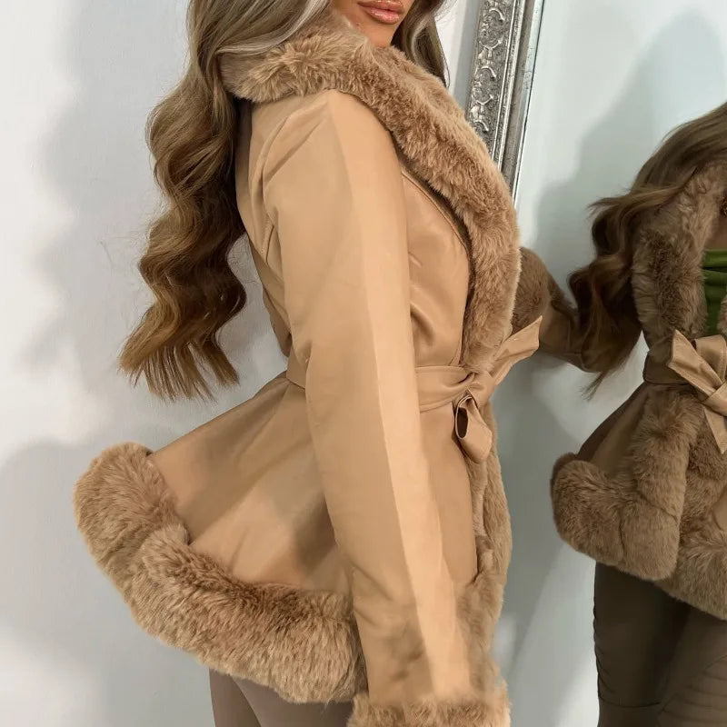 nvxiot - Faux Fur Spliced PU Leather Jackets with Belt Women Warm Winter Turn Down Collar Long Sleeve Slim Coats Streetwear Outwear