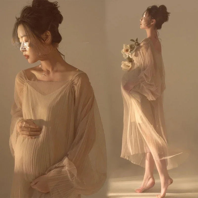 nvxiot - Women Photography Props Perspective Elegant Maternity Dresses Beige Mesh Pregnancy Dress Studio Shooting Photo Props