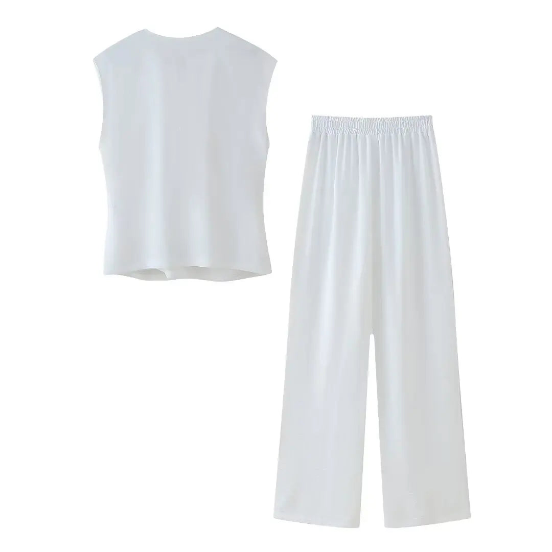 MQTIME - Summer Women's New Suits Solid V-Neck Sleeveless Off Shoulder Top+Side Bow Lace-Up Decoration Elastic Waist Pant Mujer