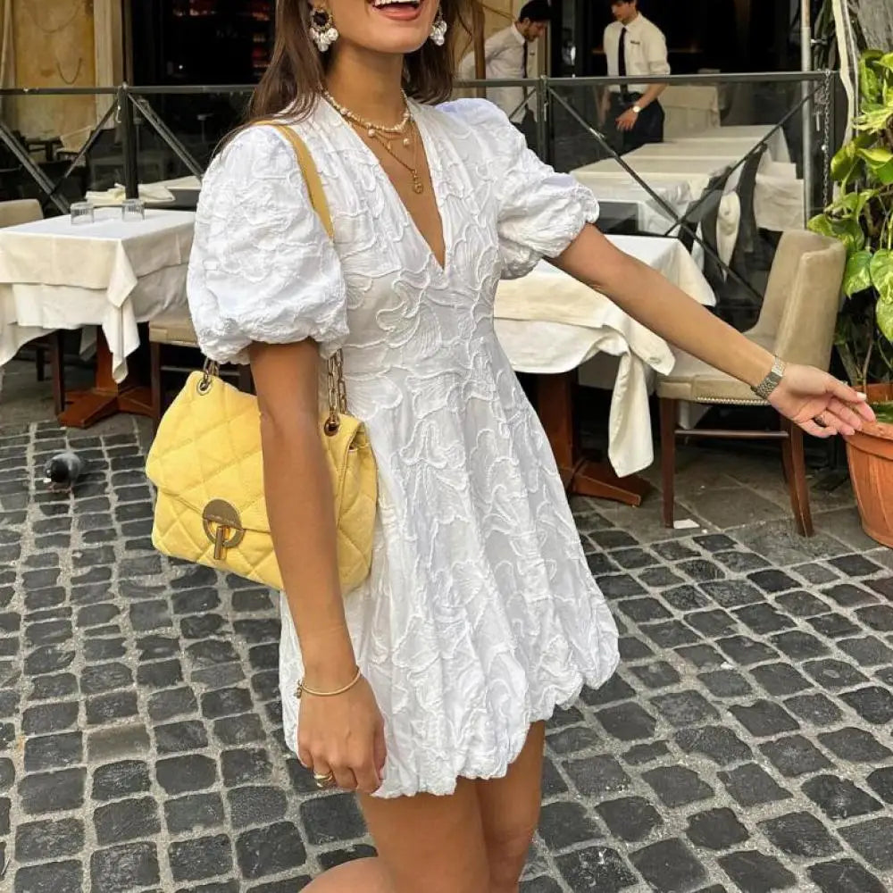 MQTIME - Solid Floral Embroidered Voluminous Mini Dress V-Neck Puff Sleeve White Tutu Mini Dress Woman Elegant Party Holiday Wear