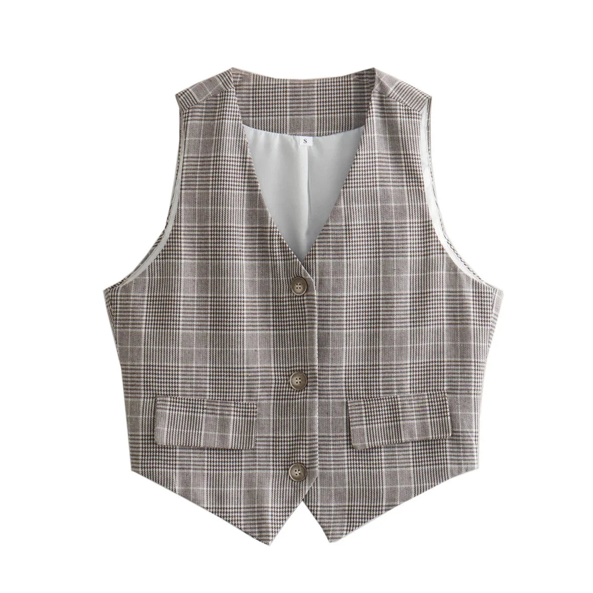 MQTIME - Summer Women Chic Plaid Casual V-Neck Sleeveless Vest Dew Shoulder Single Breasted Female Casual Pockets Short Vest Mujer