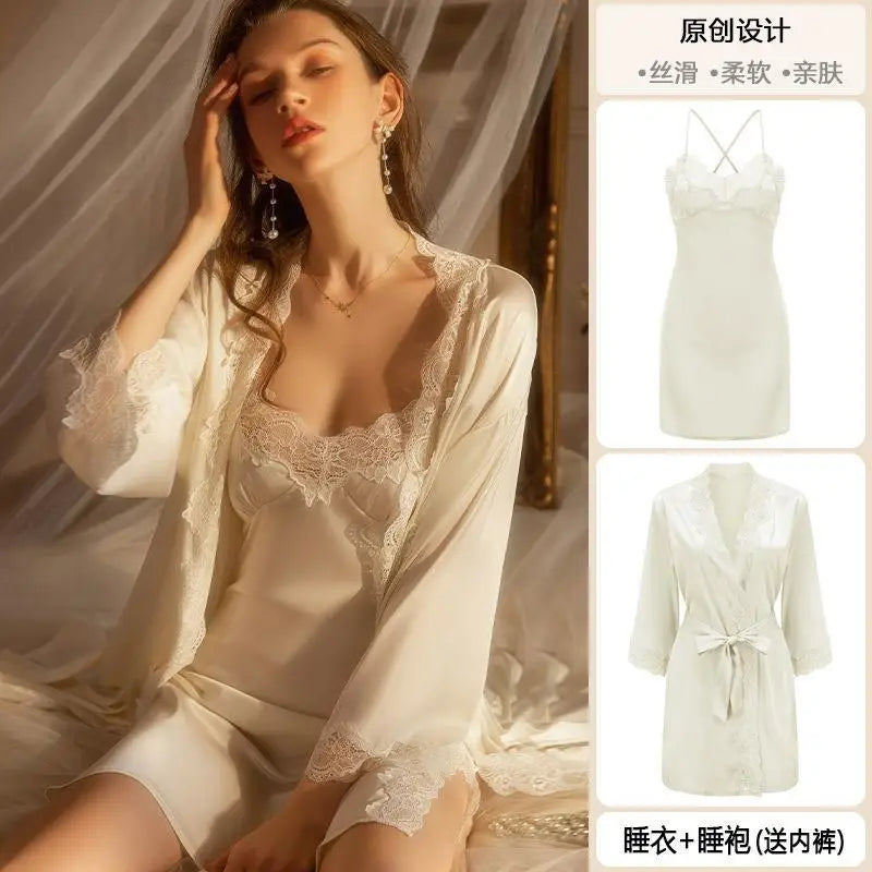 MQTIME - Sexy Kimono White Satin Lace Bathrobe Night Dress Women Rayon 2PCS Robe Gown Set Casual Nightgown Sleepwear