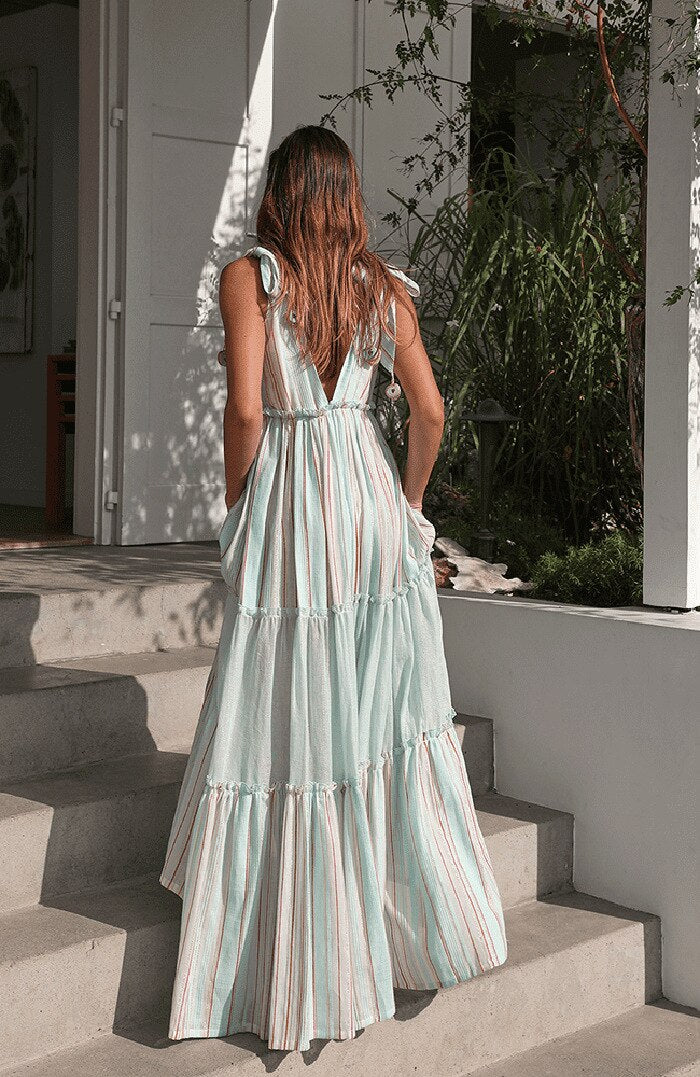 nvxiot Summer Waist-Slimming Long Dress Temperament Commute Solid Color Strap French Striped V-neck Swing Dress Long Dress
