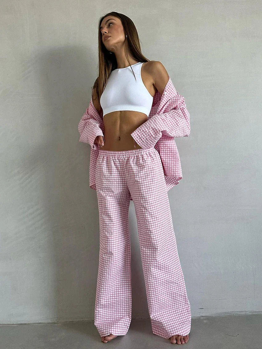 MQTIME - Marthaqiqi Plaid Women Nightwear Suit Long Sleeve Nightgowns Turn-Down Collar Sleepwear Wide Leg Pants Ladies Pajama 2 Piece Set