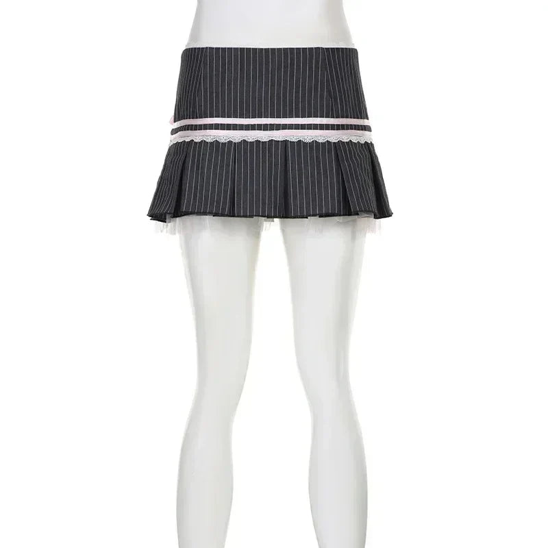 MQTIME - Vintage Black Plaid Stripe Pleated Skirt with Lace Bow Kawaii Skirts @E-girl 00s Fairycore 2000s Grunge Aesthetics Korean Cloth