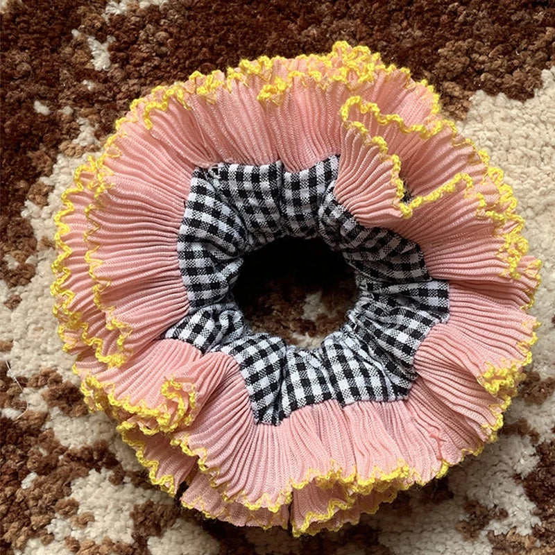 nvxiot - Retro Korean Flower Lace Scrunchies Four Layer Women Girls Exquisite Elastics Plaid Large Intestine Hair Holder Sweet INS Access